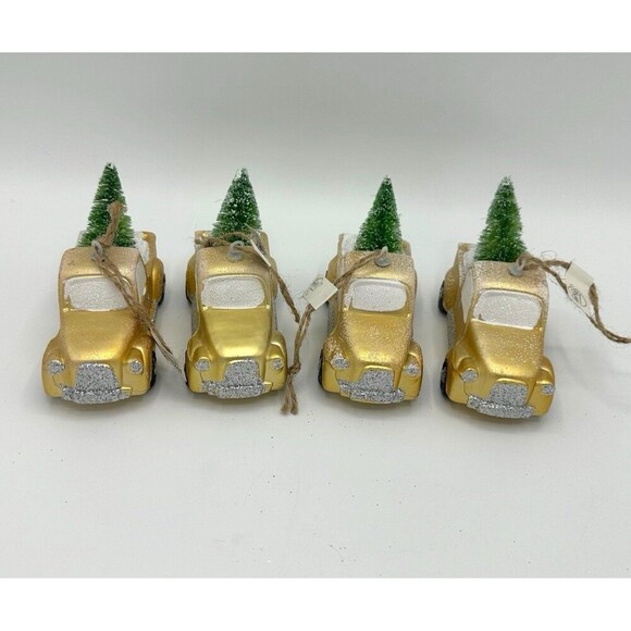 Gold Pickup Truck with Christmas Tree Ornament set of 4 - Picture 1 of 4